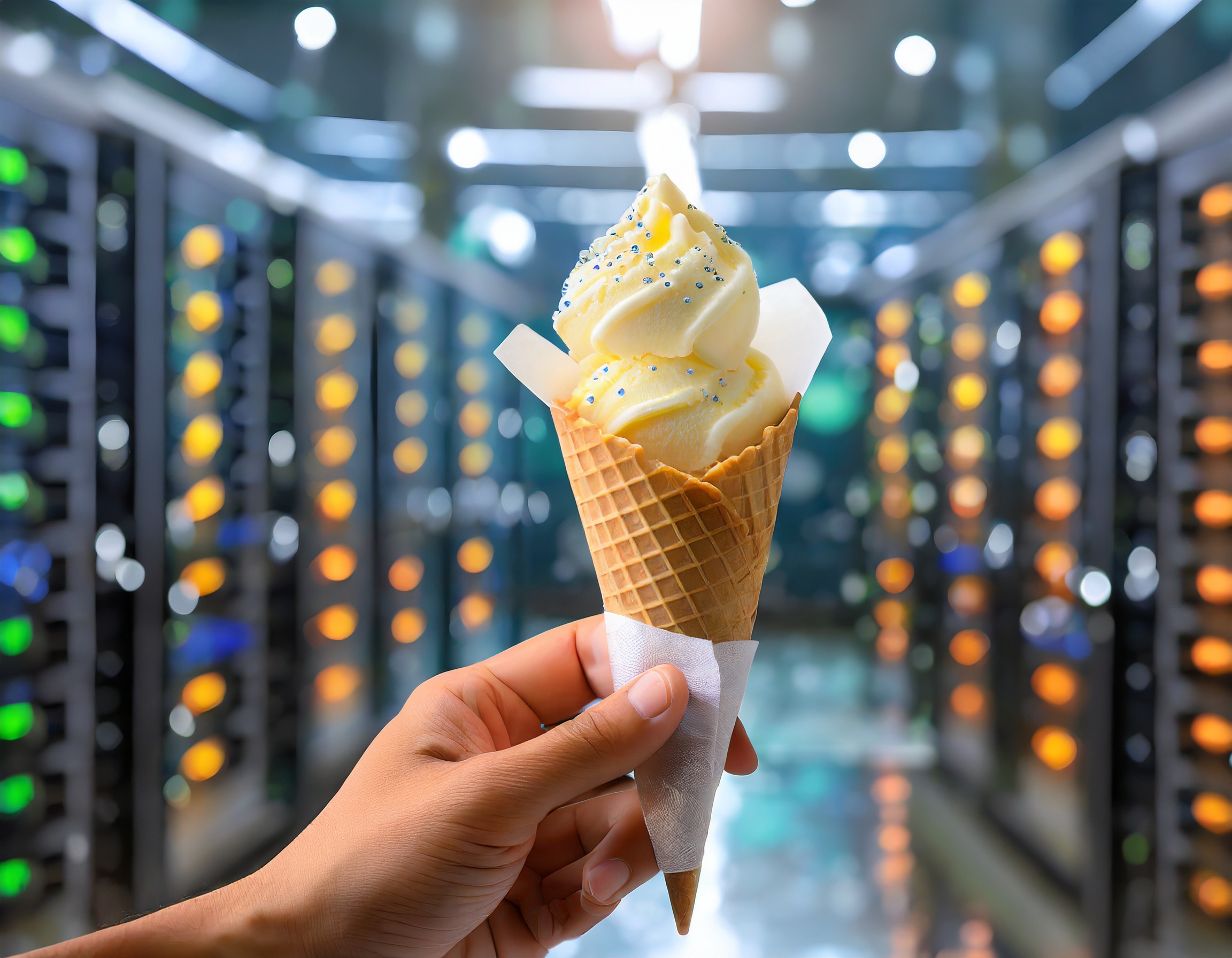 DCR hand holding a napkin around a sugar cone filled with rain bow ice cream in a data center as-2