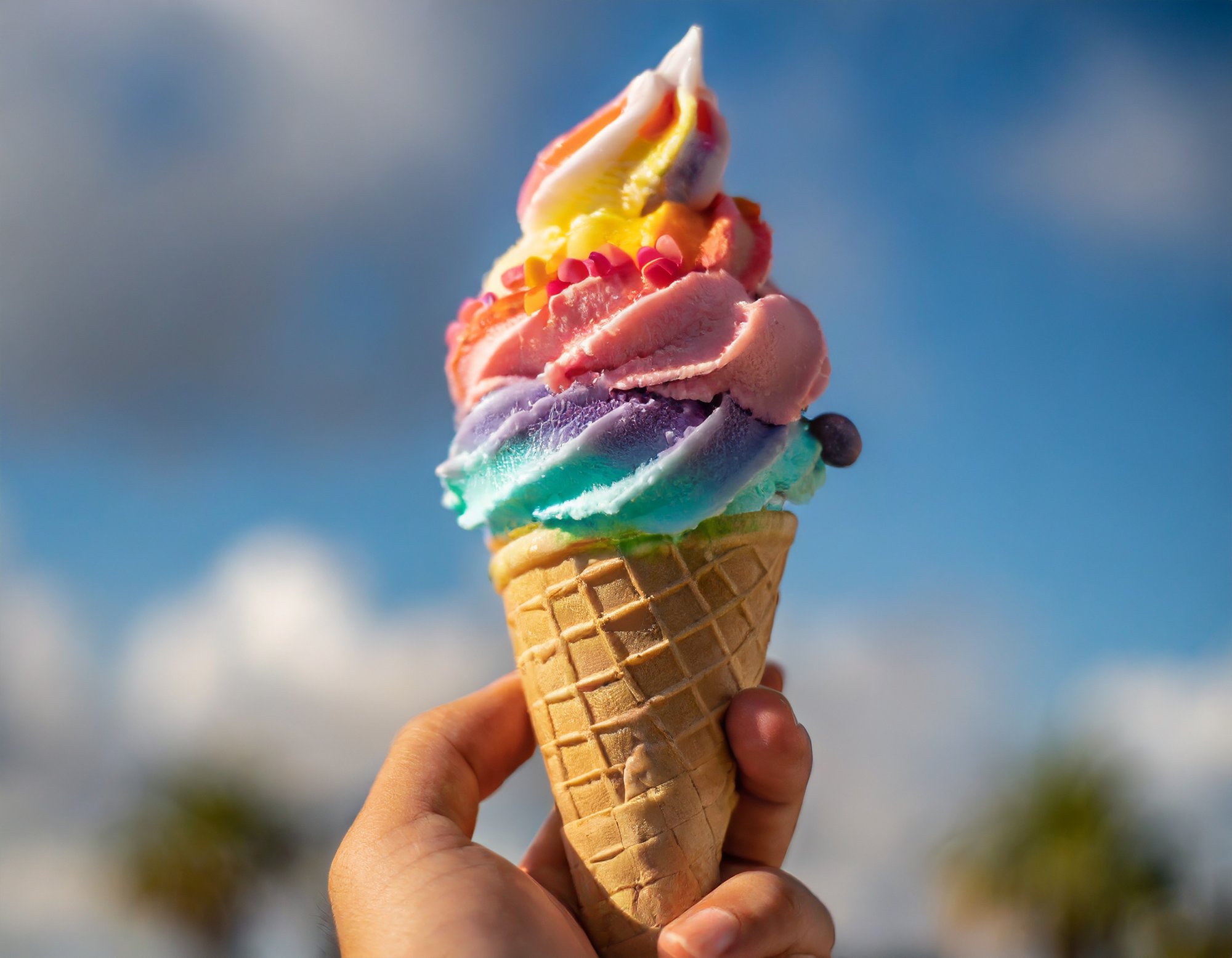 Firefly Close up of a handpalm with sugar cone filled with rainbow ice cream 1474383682 (1)