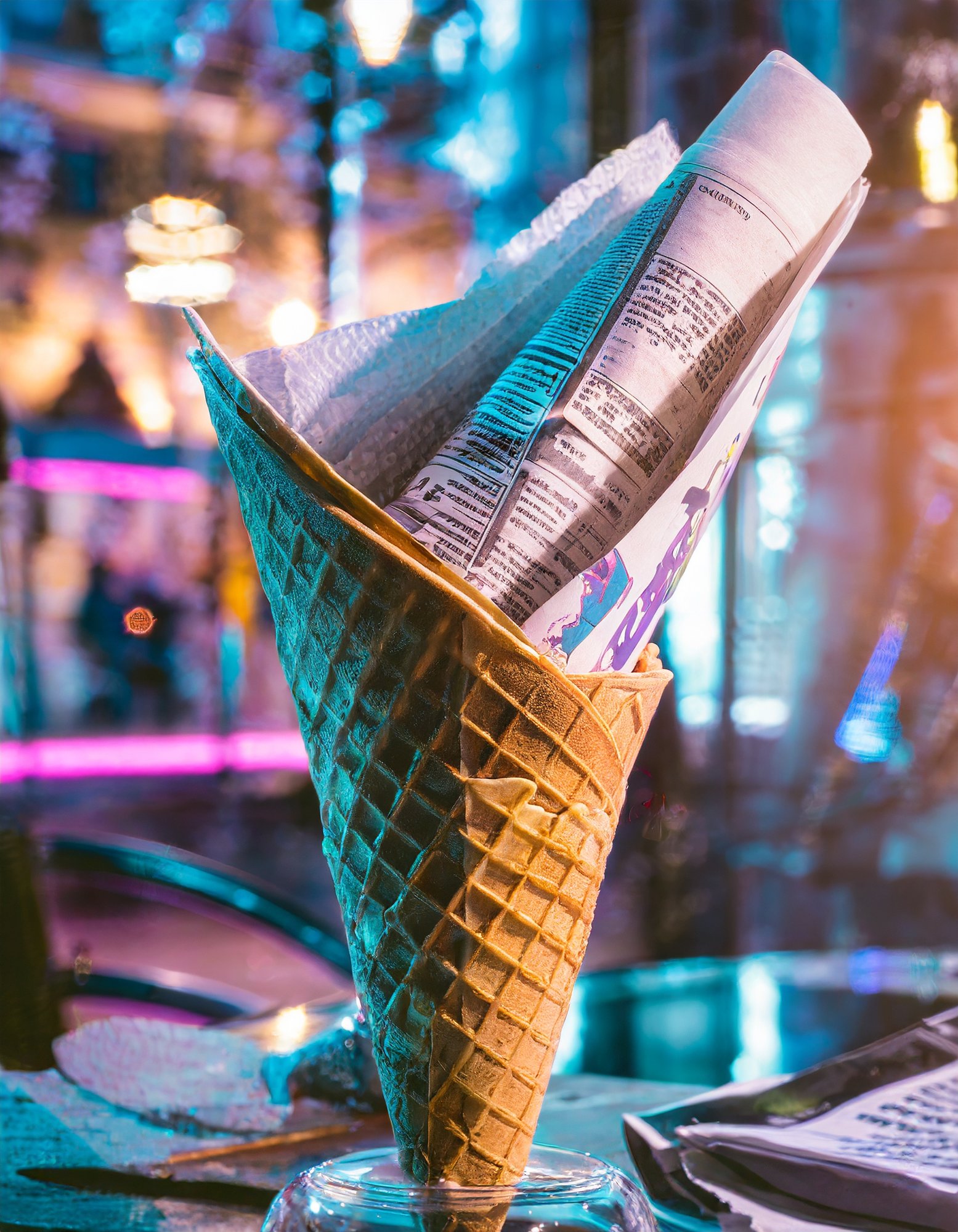 Firefly Glass sugar cone holding newspapers inside during a sunny day photo synthwave neon cyberpunk