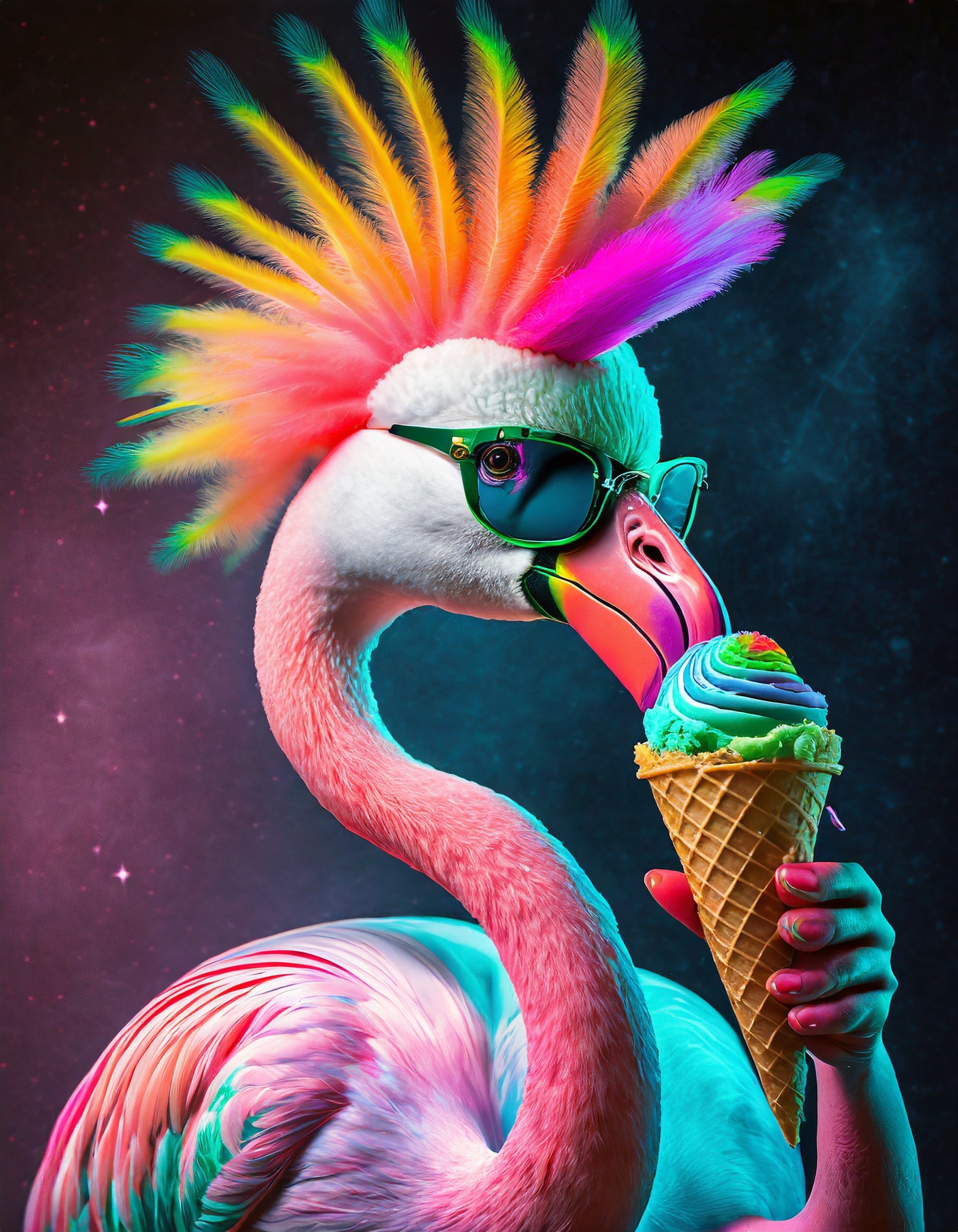 Firefly Punk rock flamingo with a mohawk having a rainbow ice cream cone 10041