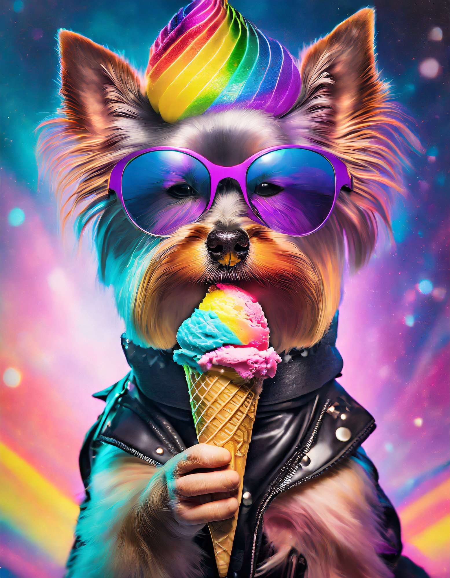 Firefly Punk rock yorki having a rainbow ice cream cone 1990