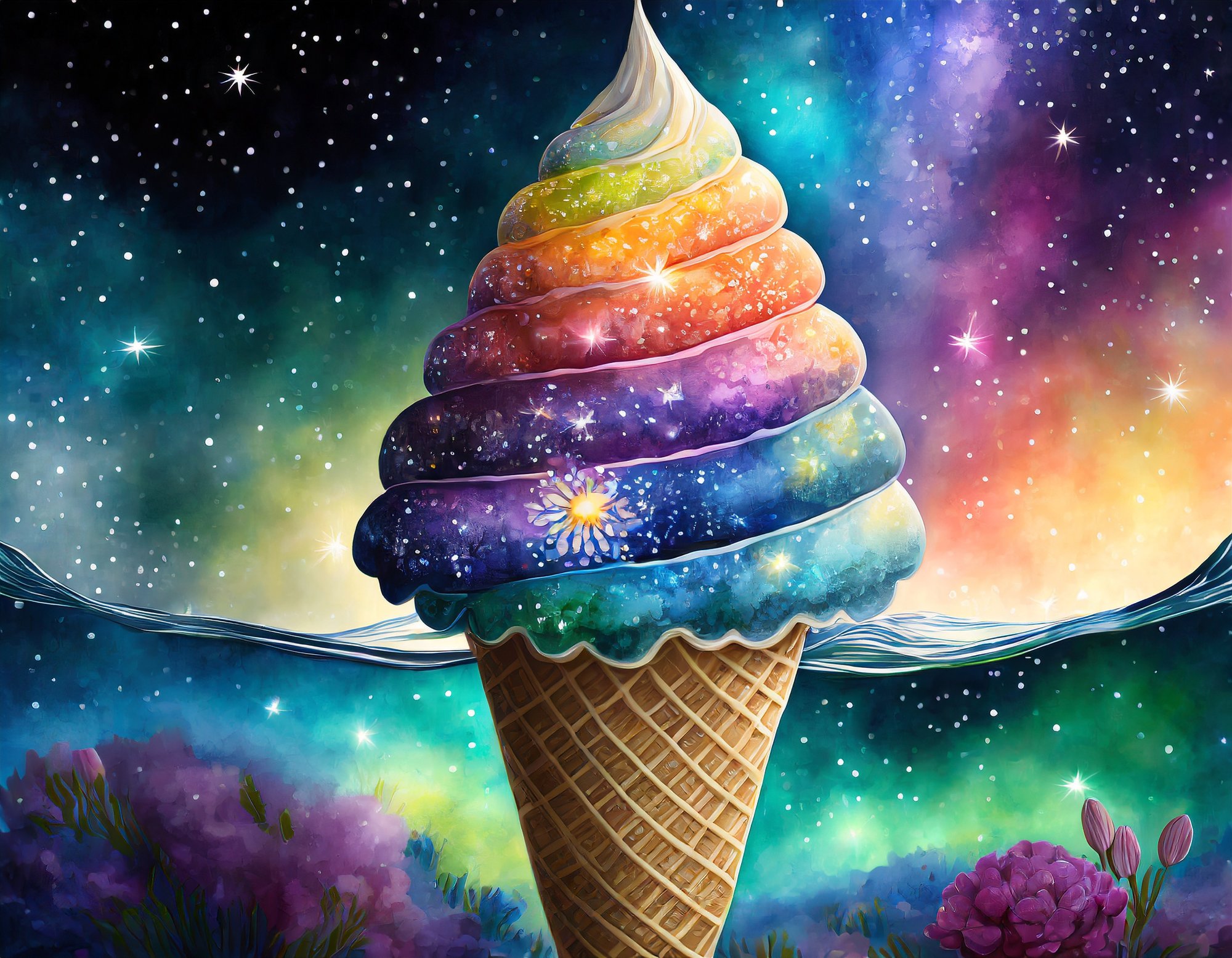 Firefly Sugar Cone filled with rainbow Ice Cream with Flower made of galaxy, stars, under the water 