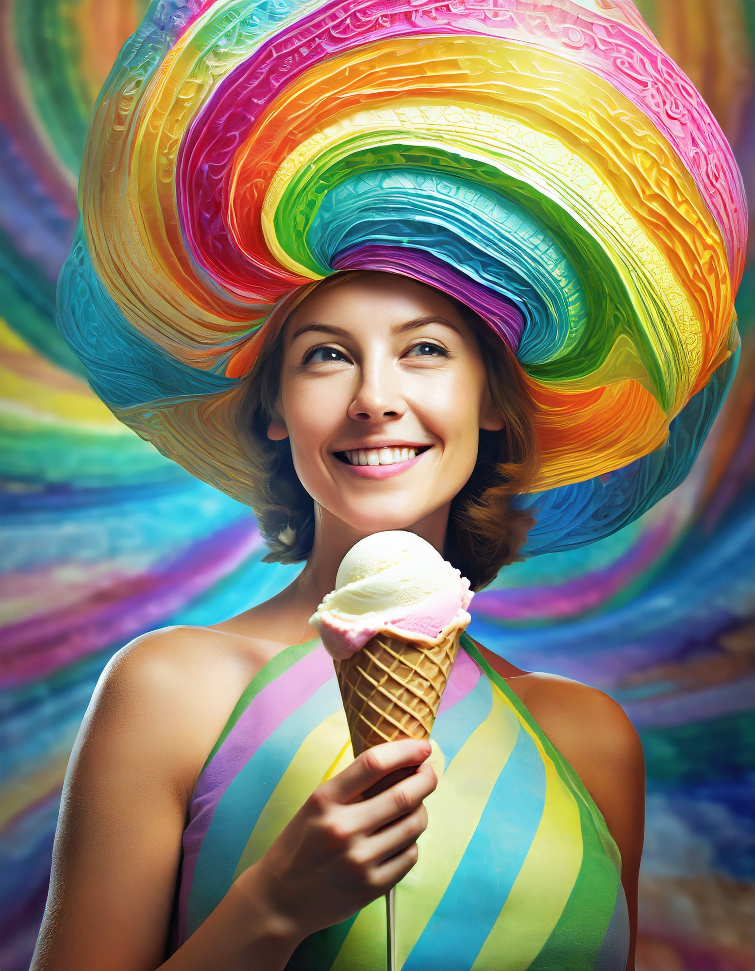 Firefly White Woman having a a large colorful hat in the fractal shape of a whirlwind, medium shot,  (1)