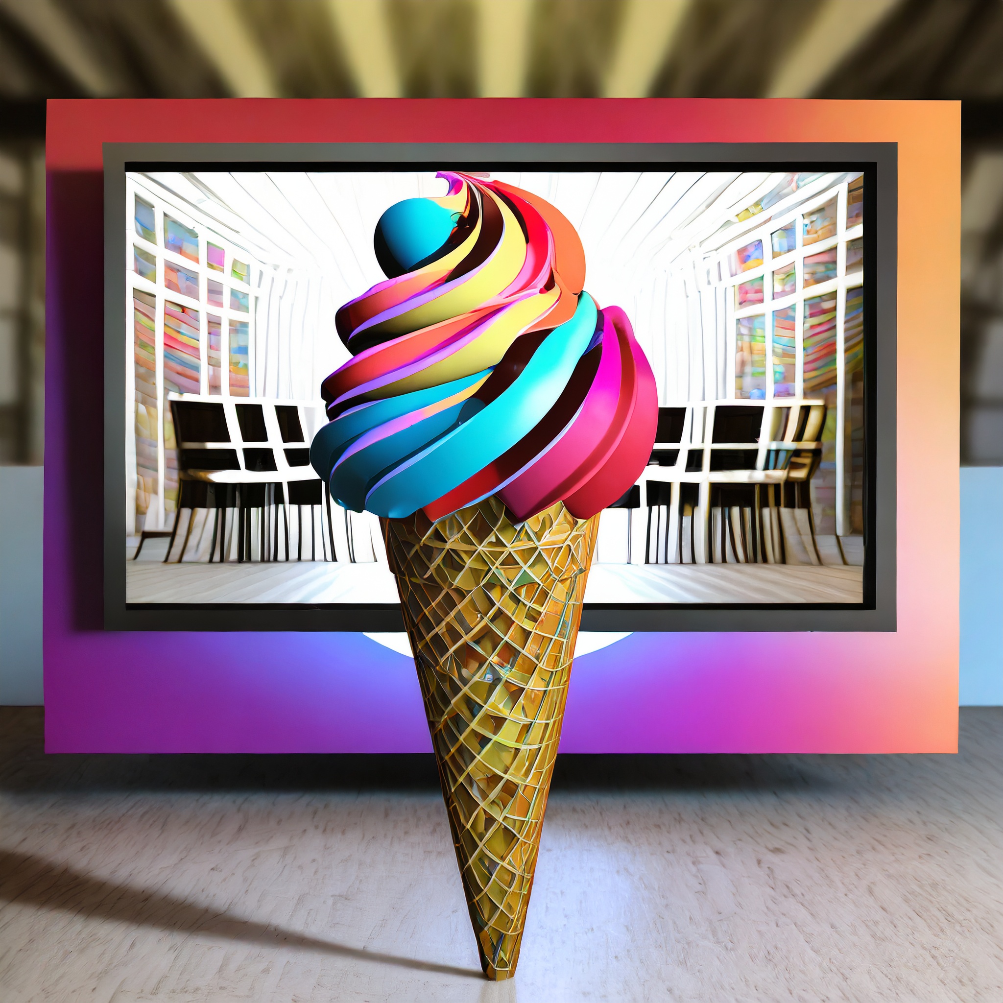 Firefly photo realistic picture of sugar cone with rainbow ice cream placed infront of screen with a (1)