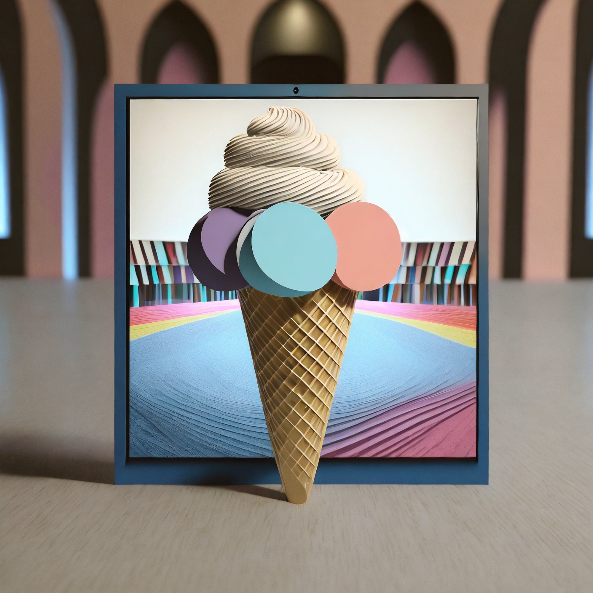 Firefly photo realistic picture of sugar cone with rainbow ice cream placed infront of screen with a (5)